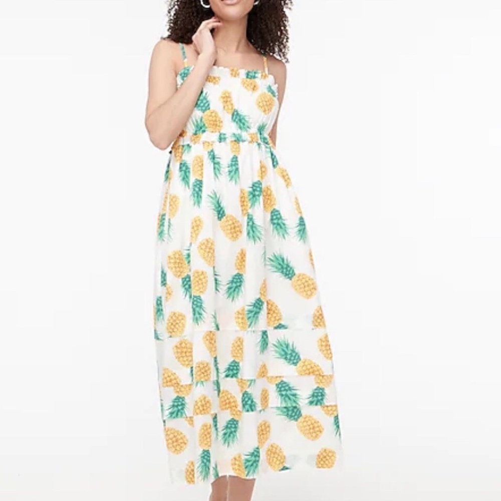 J Crew Pineapple Squareneck Ruffle Maxi Dress Size 0 Cotton Pockets Sundress EUC